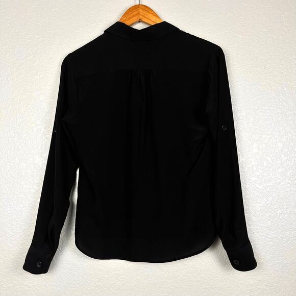 Banana Republic Blouse Womens XS Black 100% Silk Popover Roll Tab Sleeves - Picture 2 of 5